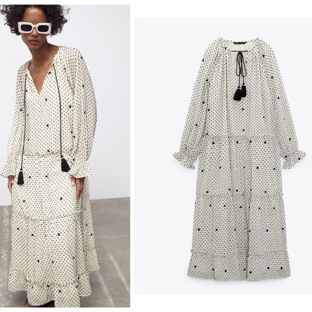 Zara Cream Maxi Dress with Black Polka Dots